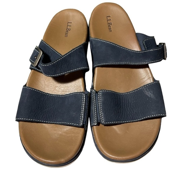 LL Bean Womens US 11M Leather Two Strap Blue Slide Sandals Eco Comfort 505872 - Picture 1 of 4